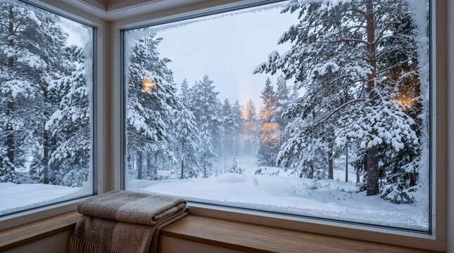 Snow-covered pine forest viewed through large Scandinavian window with folded wool blanket, photorealistic winter interior scene with soft morning light and warm reflections