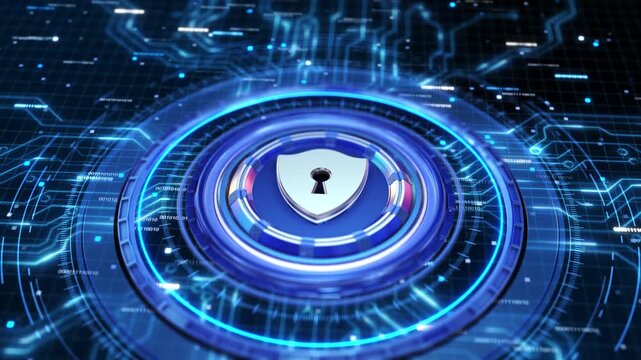 Shield emblem anchors circular interface glowing digital grid of circuits binary digits. identity verification enterprise security, risk awareness, privacy education secure technology promotions.