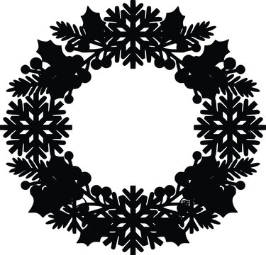Christmas Wreath Silhouette Vector Frame with Winter Snowflakes Holly Leaves and Pine Branches for Festive Greeting Cards, Seasonal Borders, and Holiday Decor Layouts