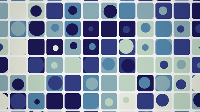 Retro medium grid of rounded blue and teal tiles with flat circles growing and recolouring in a diagonal sweep, mid century seamless 4K loop