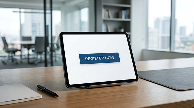 Tablet on desk displaying a register now button for a seasonal business event or course