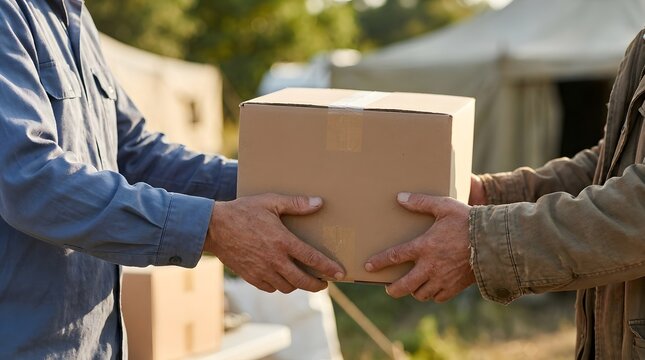 Cardboard box is handed over between volunteers in a humanitarian aid camp.
