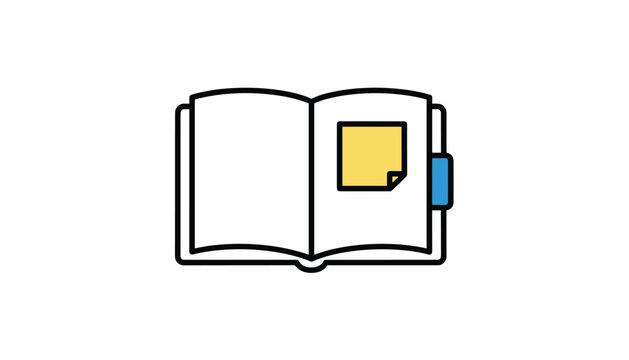 Open school study notebook icon with yellow sticky note and blue bookmark index tab isolated on a clean white background.
