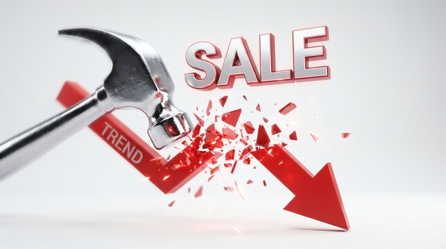 Financial hammer smashing red downward trend arrow, retail sale text concept, economic crash and market price reduction