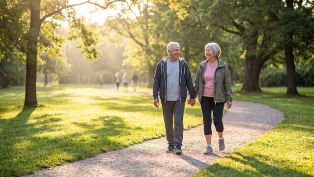 Senior couple walking along a paved path in a sunlit green park surrounded by tall leafy trees.