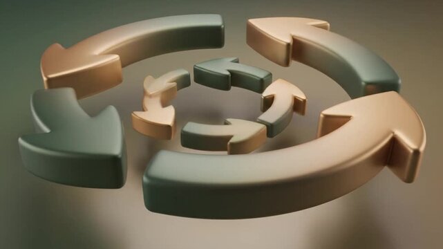 3D metallic arrows rotate in circular motion for recycling concept.
