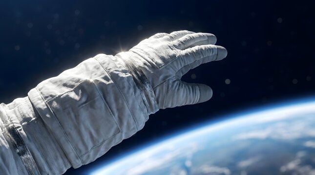 Astronaut glove reaches out into the darkness of outer space above the glowing blue atmosphere of Earth.