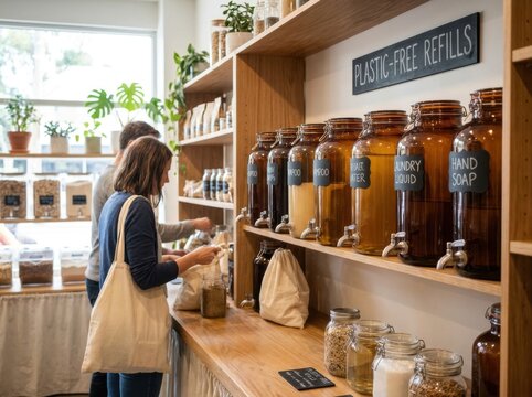 refill station with unbranded containers Woman refilling containers with plastic-free products in an eco-friendly store.