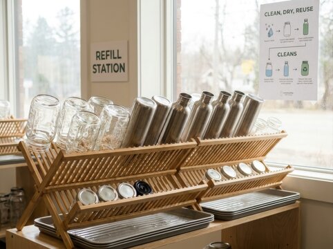 refill station with unbranded containers Reusable glass jars and metal bottles drying at a refill station by a window