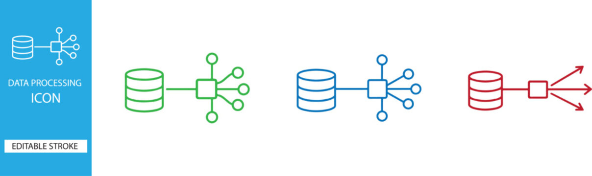 Data processing icon line set for database systems, analytics, workflows and editable vector design.