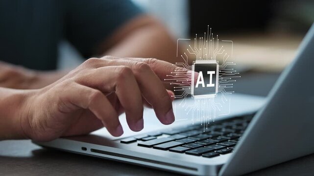 Human hand touching futuristic AI icon on laptop keyboard for document management system, cloud database storage, big data transfer, digital transformation and process automation concept.