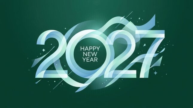 2027 Happy New Year typography with abstract flowing ribbons and glowing light particles, festive winter holiday celebration background, graphic element for seasonal greeting cards