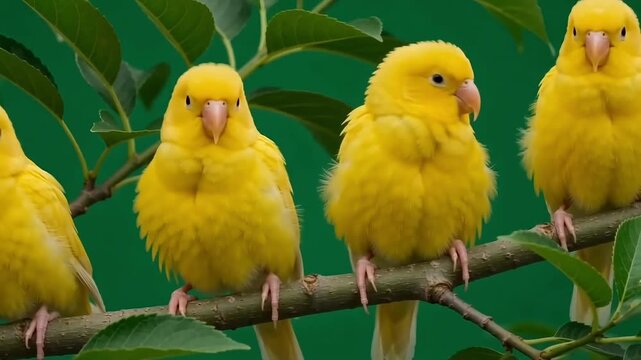 Four bright yellow lovebirds perched together on a tree branch in a lush green garden.