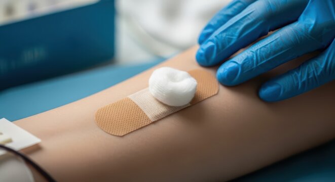 Blue gloved hands apply adhesive bandage and cotton swab to patient's arm after medical procedure