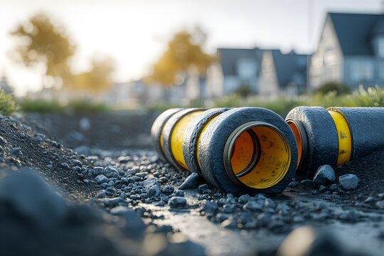 Open yellow utility pipe ends in gravel trench near residential houses