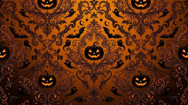 Seamless halloween pattern featuring spooky jack o lanterns bats and intricate gothic ornaments on a dark orange background