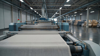 Obraz premium Modern textile manufacturing machine processing white fabric.