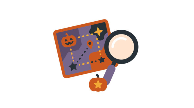 Halloween Map with Pumpkin and Stars Being Examined By Magnifying Glass On Dark Background