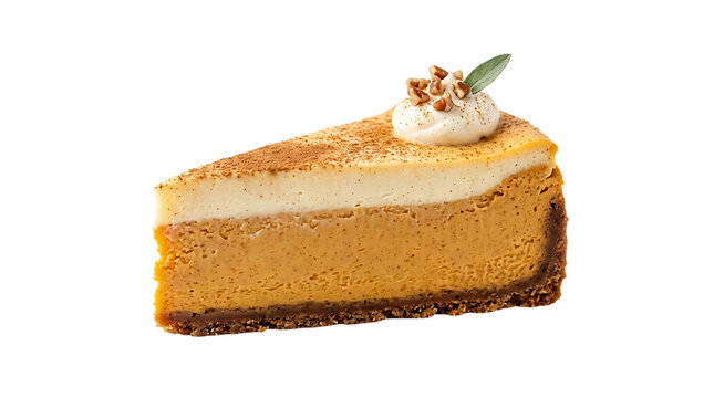 A delectable slice of pumpkin cheesecake adorned with a swirl of cream and a sprinkle of nutty goodness embodies the essence of