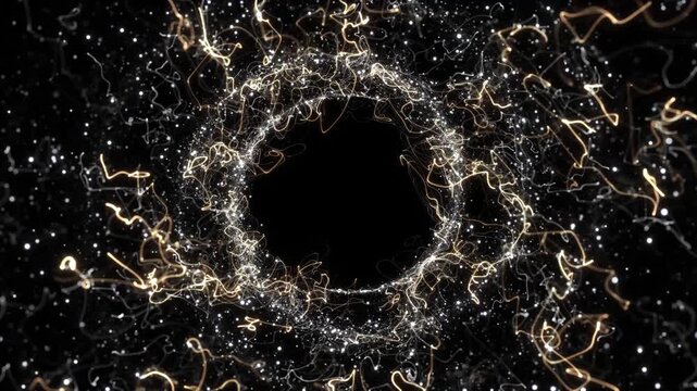 An airy halo of white particles golden filaments forms delicate circular border an empty middle. refined brand identities, ceremonial , magical introductions, presentation titles luminous logo reveals