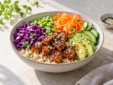Tempeh Rainbow Bowl with Brown Rice Red Cabbage Edamame Carrot and Avocado
