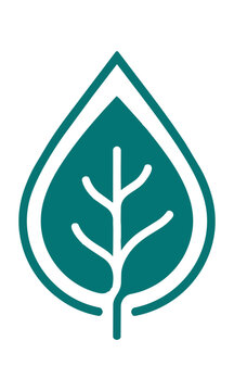 Minimalist icon of a stylized raindrop and leaf shape, monoline flat design on an isolated white background, clean nature concept