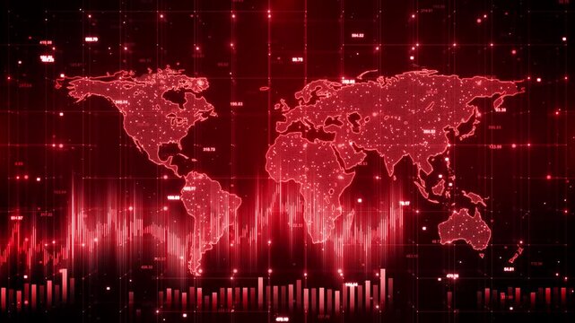 Glowing continental combine numeric figures, chart lines bar columns financial interface. market monitoring risk analysis, banking presentations, economic research international investment overviews.