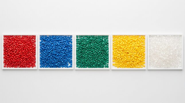 Sorted piles of colorful plastic pellets on white background