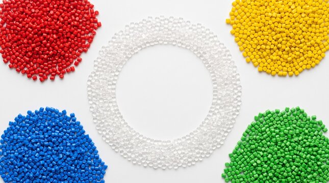 Colorful plastic pellets arranged in circular frame with copy space