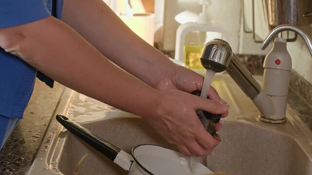 Person rinses dark olives under running water at kitchen sink, demonstrating food preparation, clean produce handling, handheld camera captures detailed action.