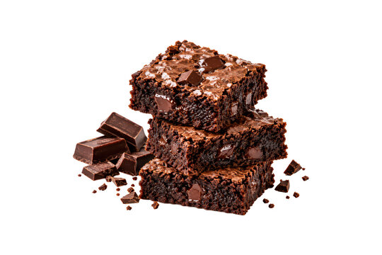 Stack of gooey chocolate brownies with melted chocolate chunks, rich fudgy centers, and crisp crinkled tops, isolated on a clean white background.