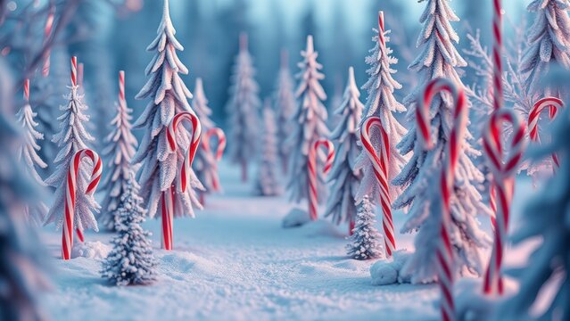 Candy cane forest winter wonderland background