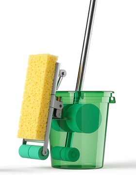 Green floor mop with yellow sponge and bucket isolated on a white background
