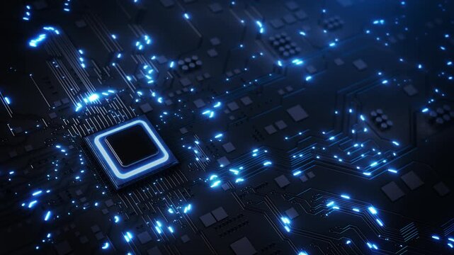 Luminous chip anchors electronic board, branching connections points of light surface. for AI infrastructure presentations, machine learning concepts, hardware launches advanced computing explainers.