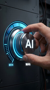 Close up of human hand turning a metal dial to maximize artificial intelligence