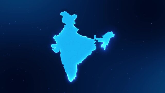 An illuminated India silhouette internal boundary edge on a spacious navy background. national development stories, tourism introductions, regional explainers corporate presentation backgrounds.