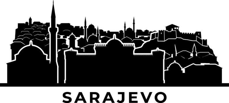 Black silhouette skyline of sarajevo with minarets