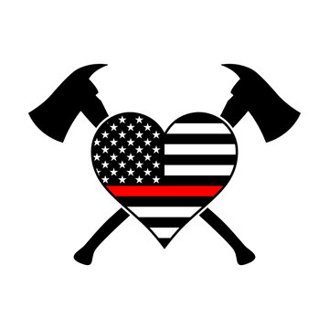 Firefighter red thin line heart with axes svg cut file. Isolated vector illustration.