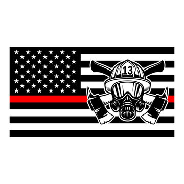 Firefighter red thin line American flag svg cut file. Isolated vector illustration.