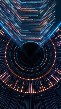 Concentric rings, markers and fine radial light trails dark circular futuristic interface. 19 openers, digital displays, science fiction titles, gaming visuals data visualization backgrounds.
