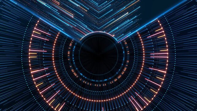 Blue, pink light beams form rings radiating paths open dark center, a digital portal effect. for innovation promos, virtual interface concepts, event screens, logo presentations and futuristic intros.