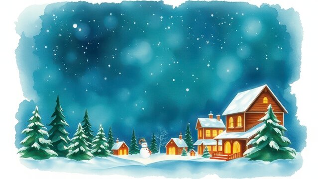 Christmas winter village landscape with pine trees and snowman