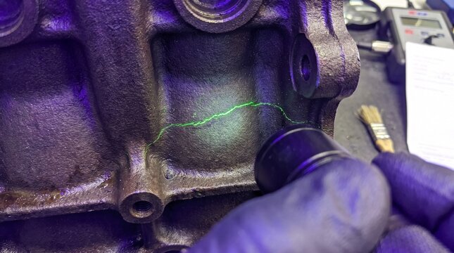 Fluorescent penetrant inspection revealing a glowing crack on a dark metal component under UV light, showcasing non-destructive testing for defect detection and quality control.