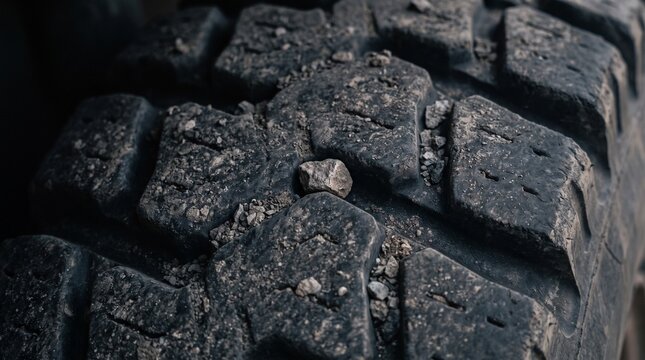 Close-up of a rugged, dirty tire tread with embedded stones, capturing the texture and durability of an off-road or heavy-duty vehicle tire. Ideal for adventure and tough conditions.