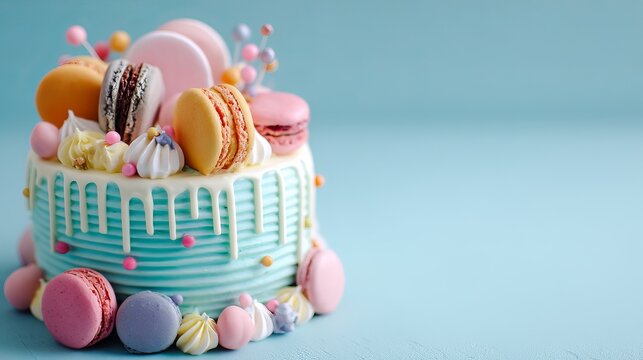 A beautifully decorated cake with colorful macarons and frosting on a light blue background
