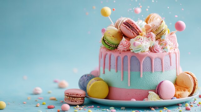 A colorful cake with macarons and sprinkles on a blue background with pastel frosting