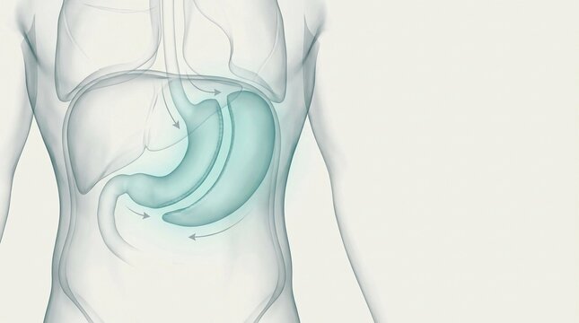 Bariatric surgery illustration showing vertical sleeve gastrectomy procedure on human stomach anatomy.