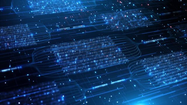 Connected clusters of binary code digital network curved light paths scattered cyan nodes. distributed ledger concepts, secure data exchange explainers, 19 presentations systems promotions.