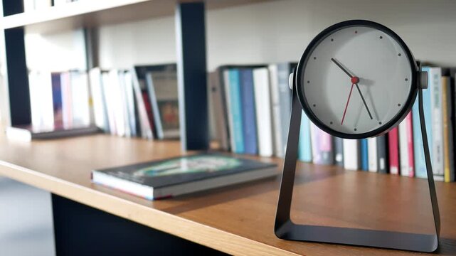A static shot capturing a desk clock with a pristine white face, black hands, and a vibrant red second hand, nestled among books on a wooden bookshelf in a well-lit home library
