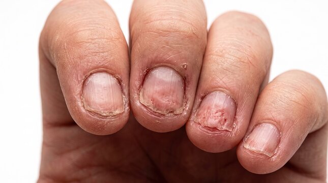Macro details of severely damaged fingernails and peeling cuticles from nail biting